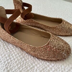 Glittery Gold Flats with Brown Straps.   Party time
